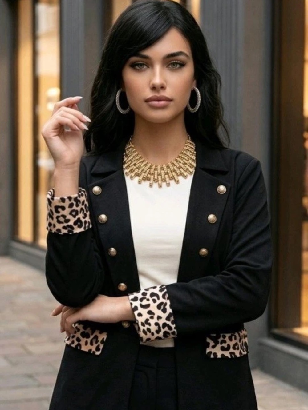 🆕 NEW Chico's Size Large Leopard Trim Black Military Blazer Dark Academia